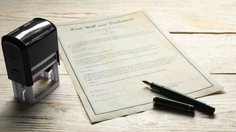 Last Will and Testament with stamp and pen