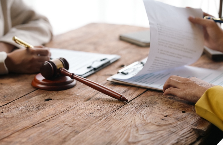 lawyer is working with documents and consulting client