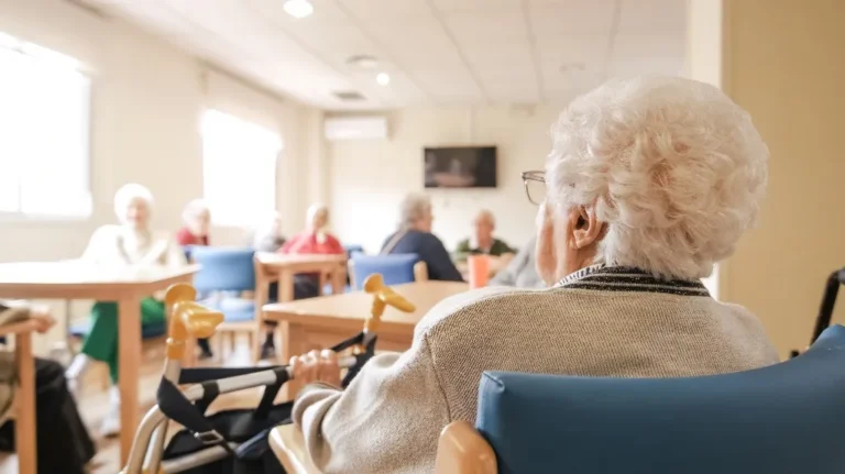 Elderly individuals seated in a well-lit room, engaged in group activity or discussion.