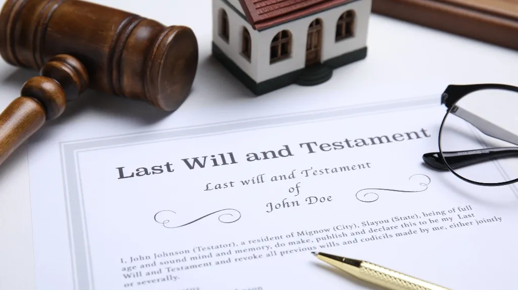 Last Will and Testament document with gavel, house model, eyeglasses, and pen.