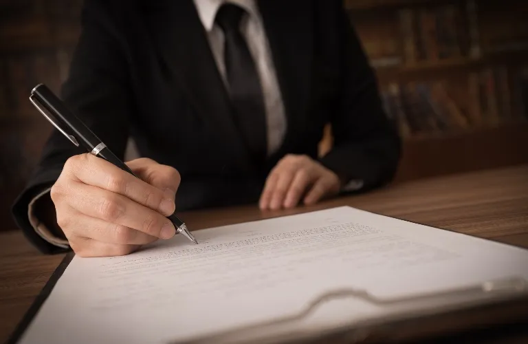 Person in black suit writing with a pen on a document placed on a wooden desk.