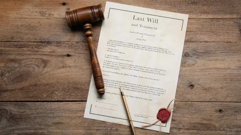 Wooden gavel, pen, and Last Will and Testament document with red wax seal on wooden surface.
