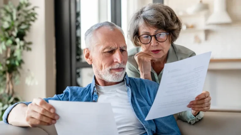 Elderly couple reviewing documents together in a well-lit living room.